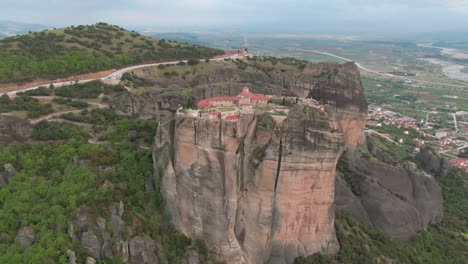 Aerial:-Ancient-Meteora-Monasteries-In-The-Holy-Land-Of-Thessaly,-Greece