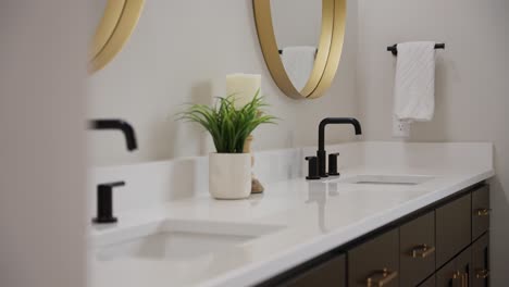 Tight-panning-shot-of-a-white-bathroom-countertop-with-2-black-faucets-and-a-green-plant