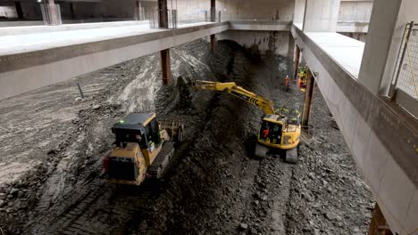 Overlooking-Excavator-And-Bulldozer-Removing-Rock-And-Clay-At-Old-Oak-Common,-London