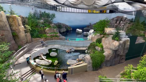 Pan-Left-of-an-Exhibit-in-the-Biodome-in-Montreal,-Quebec,-with-Beautiful-Scenery-and-Blue-Water