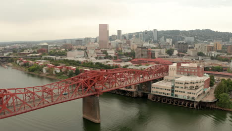 Aerial-shot-over-Broadway-bridge-towards-Downtown-Portland-Oregon