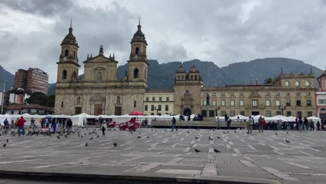 Historical-Simon-Bolivar-square-under-cloudy-sky-in-Bogota,-Colombia