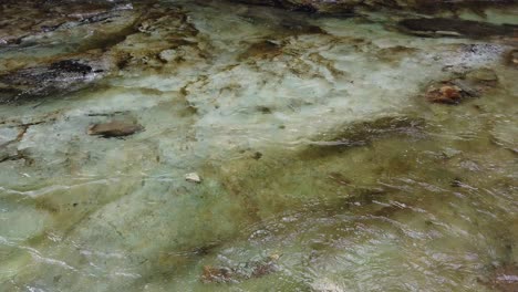 Wasser-Fließt-Sanft-über-Geschichtete-Felsen-Mit-Moosgrüner-Textur,-Friedliche-Zen-Szene