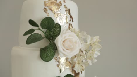 Creamy-White-Frosted-and-Floral-Wedding-Cake-with-Three-Tiers,-Close-up