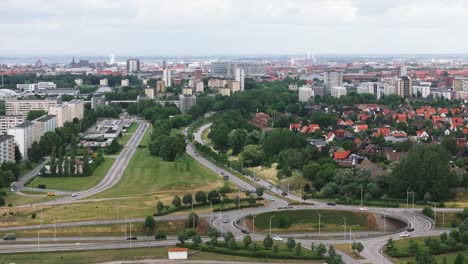 Aerial-View-Of-Traffic-In-The-Roundabout-With-Inner-Ring-Road-In-Kulladal,-Malmo,-Sweden