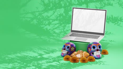 Tag-Der-Toten,-Dia-De-Muertos,-Design-Mockup,-Mexiko,-Laptop,-Totenköpfe,-Traditionelle-Blumen-Und-Gebäck,-Grüner-Hintergrund