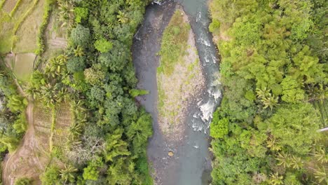 Overhead-drone-shot-of-rocky-river-with-a-small-landmass-in-the-middle