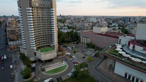 Aerial-Wide-View-Of-University-Square-In-Bucharest,-Romania-At-Sunrise