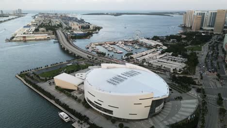 Miami-downtown-aerial-view-looking-at-south-beach-with-Kasey-arena-and-modern-scenic-building-and-traffic-car-road