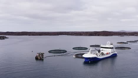 Descending-drone-shot-of-a-well-boat-anchored-beside-a-fish-farming-pen