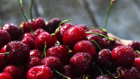 Cherries.-Cherry.-Cherries-in-color-bowl-and-kitchen-napkin.-Red-cherry.-Fresh-cherries