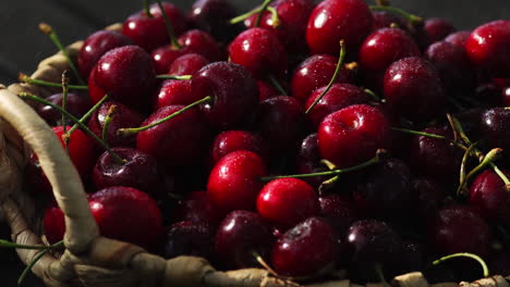 Cherries.-Cherry.-Cherries-in-color-bowl-and-kitchen-napkin.-Red-cherry.-Fresh-cherries