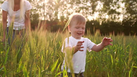 Boy-in-white-shirt-walking-in-a-field-directly-into-the-camera-and-smiling-in-a-field-of-spikes