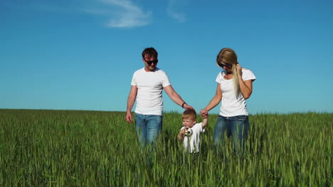 Mother-father-and-son-walk-in-the-field-with-spikes-in-white-t-shirts-and-jeans-smiling-cheerfully-at-each-other
