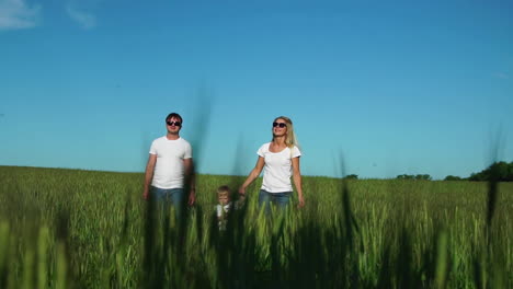 Wandernde-Familie-Mit-Einem-Kind-In-Weißen-T-Shirts-Auf-Dem-Feld