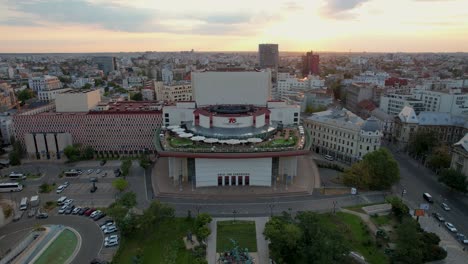 The-National-Theatre-of-Bucharest,-Romania-from-Above-at-Sunrise
