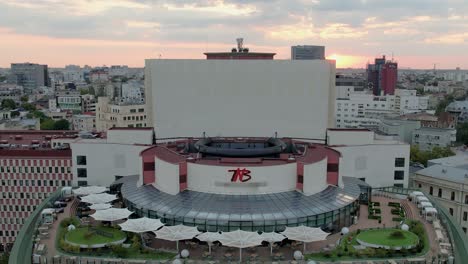A-Bird’s-Eye-View-of-the-National-Theatre-in-Bucharest,-Romania-at-Dawn