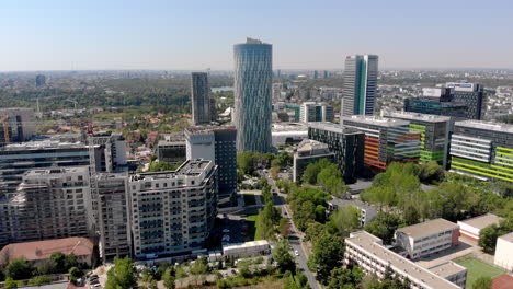 City-skyline-office-buildings,-Pipera-district-aerial-view,-Bucharest,-Romania