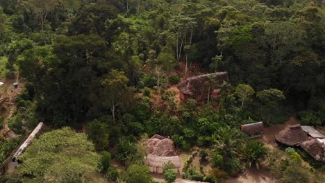 Traditional-Tribe-Village-of-Indigenous-community-of-Misahualli-in-Amazon-Jungle-in-Ecuador,-Aerial-Drone-View