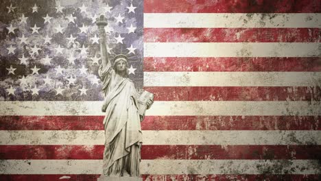 Estatua-De-La-Libertad-Con-Bandera-Americana---Fondo-Animado-Grunge,-Fondo-De-Estrellas-Y-Rayas-Del-Día-De-La-Independencia