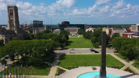 Aerial-view-passing-the-Obelisk-Square,-toward-the-American-Legion-Mall-in-sunny-Indianapolis,-USA