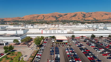 Tesla-car-company-building-exterior,-aerial-shot