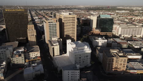 Aerial-parallax-rotation-of-El-Paso-downtown-skyline-in-the-evening