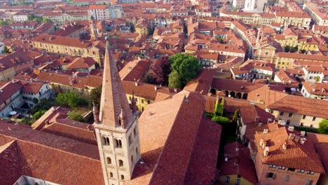 Northern-Italian-Medieval-Architecture,-Rooftops-of-Piedmont,-Aerial-Panorama