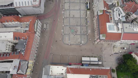 Top-down-view-of-the-central-square-Ban-Jelačić-in-capital-city-Zagreb,-Croatia