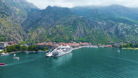 Old-Town-of-Kotor,-Cruise-Destination,-Montenegro,-Aerial-Pano