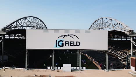 Rising-Cinematic-4K-Drone-Shot-of-IG-Field-University-of-Manitoba-Winnipeg-Blue-Bombers-Football-Soccer-Concert-Stadium-Billboard-Sign-in-Canada