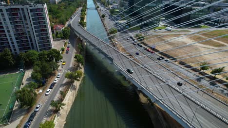 Aerial-View-Of-Ciurel-Bridge-In-Bucharest,-Romania-On-A-Sunny-Day-With-A-Blue-Sky