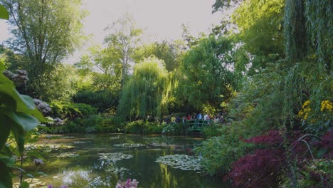 Die-Erstaunliche-Szene-Der-Seerosen-Im-Teich-Von-Claude-Monet,-Inmitten-Der-Bäume-Und-Pflanzen,-Besucher-Genießen-Die-Erstaunliche-Aussicht-In-Giverny,-Frankreich