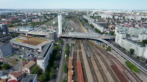 Aerial-View-Of-Basarab-Bridge-In-Romania,-With-Bucharest-North-Railway-Station-Below