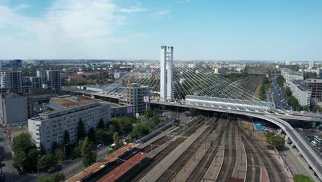 Aerial-View-Of-Basarab-Bridge-In-Romania,-With-Bucharest-North-Railway-Station-Below