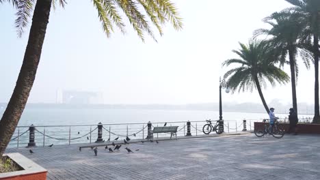 Pan-shot-of-Lake-side-park-with-palm-tree-in-foreground-at-Eco-Park-Kolkata-West-Bengal