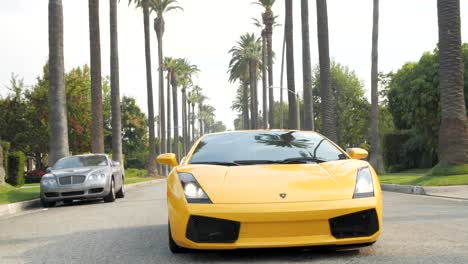 Driving-a-Fancy-Sports-Car-Beverly-Hills-Palm-Trees,-California,-USA