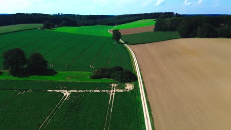 Luftaufnahme-Von-Gepflügtem-Ackerland-Und-Grünen-Feldern,-4k