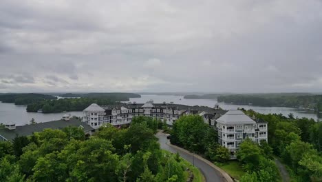 Aerial-View-Of-Lake-Rosseau-On-A-Cloudy-Day-In-Ontario,-Canada---drone-shot