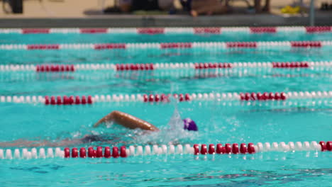 Young-Swimmer-Doing-Freestyle-Stroke-in-Olympic-Swimming-Pool-With-Red-And-White-Rope-Lanes