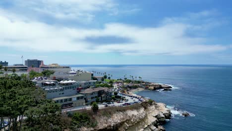 Summer-in-La-Jolla,-People-gathering-to-watch-Sea-Lions,-Birds,-Aerial-Panorama