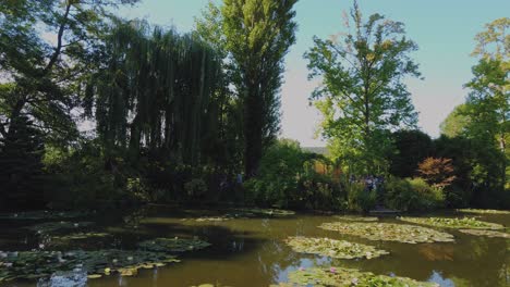 Check-out-the-beautiful-scene-of-Water-Lilies-in-Claude-Monet's-Pond,-such-a-delight-to-see-visitors-soaking-in-the-amazing-view-from-the-bridge,-right-here-in-Giverny,-France