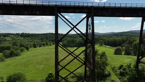 An-aerial-view-of-the-Moodna-Viaduct,-a-steel-railroad-trestle-in-Cornwall,-New-York-on-a-sunny-day