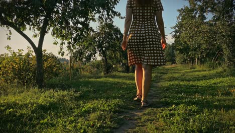 Woman-walking-garden-path-between-apple-trees-at-sunset