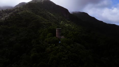 Lush-jungle,-with-watch-tower,-lush-green-trees,-clouds-above,-drone-shot