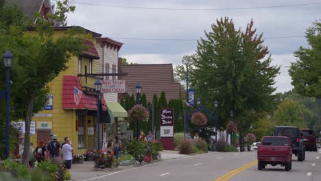 FRANKENMUTH,-MI---September-10,-2023---A-daytime-exterior-establishing-shot-of-the-businesses-along-S-Main-Street-route-83-in-downtown-Frankenmuth,-Michigan