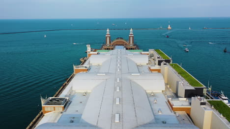 Aerial-view-over-the-Navy-Pier-Terminal-Building,-summer-morning-in-Chicago,-USA