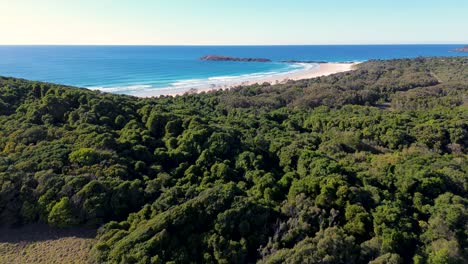 Drone-aerial-landscape-bushland-shot-of-ocean-beach-waves-scenery-travel-tourism-Crescent-Head-Kempsey-NSW-Australia-4K