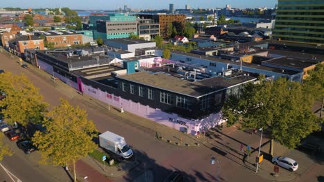 Drone-descending-at-Wondr-Experience-instagram-museum-in-Amsterdam-Noord