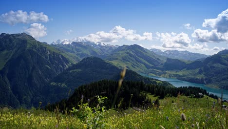 Timelapse-Panoramic-View-of-Mont-Blanc-Mountains-and-Roselend-Lake-Dam-in-France,-Auvergne-Rhône-Alpes-Region-in-Springtime